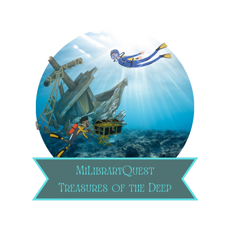 MiLibraryQuest logo with a shipwreck, divers, and text "MiLibraryQuest Treasures of the Deep"